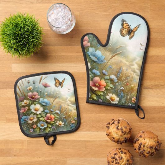 Bloemenweide Vlindertuin Ovenwant & Pannenlap Set (Top down)