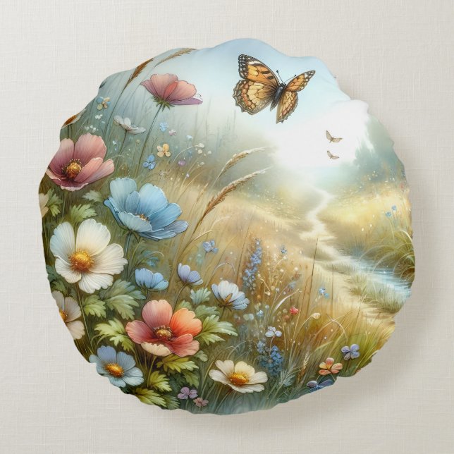 Bloemenweide Vlindertuin Rond Kussen (Achterkant)