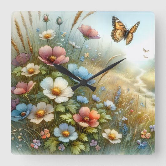 Bloemenweide Vlindertuin Vierkante Klok (Voorkant)