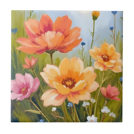 Bloemenweide | Waterverf Bloemen Botanisch Tegeltje (Voorkant)