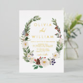 Bloemenwinter groen Kerstvakantie bruiloft Folie Uitnodiging (Staand Voorkant)