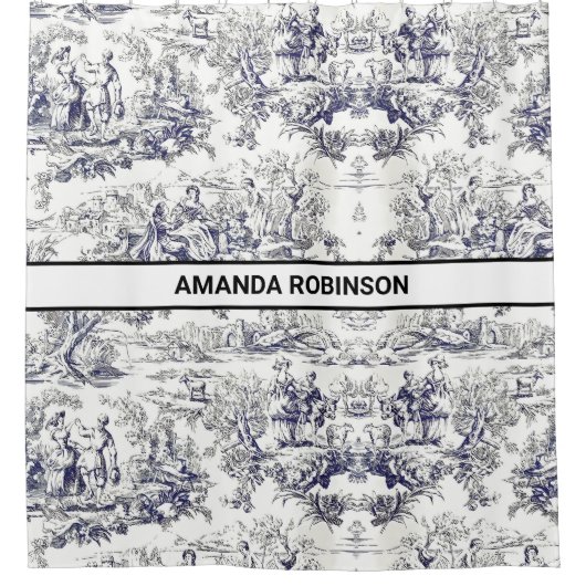 bloemenzwart toile de jouy monogram douchegordijn (Voorkant)