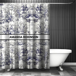 bloemenzwart toile de jouy monogram douchegordijn