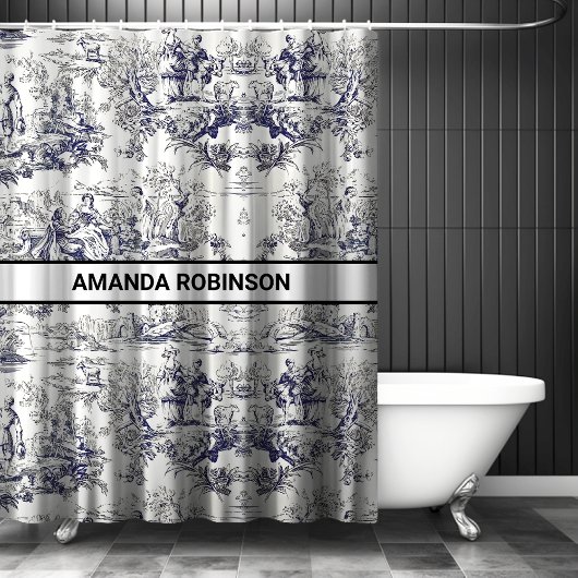 bloemenzwart toile de jouy monogram douchegordijn