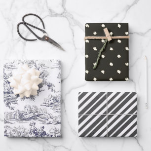 bloemenzwart toile de jouy monogram inpakpapier vel