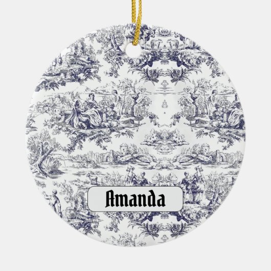  bloemenzwart toile de jouy monogram keramisch ornament (Voorkant)