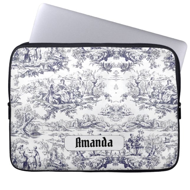  bloemenzwart toile de jouy monogram laptop sleeve (Voorkant)