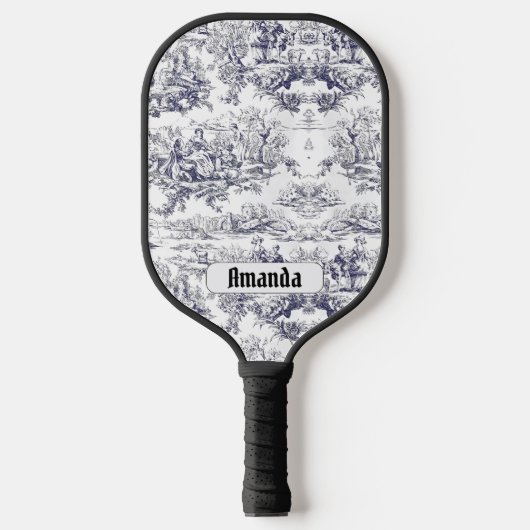 bloemenzwart toile de jouy monogram pickleball paddle (Voorkant)