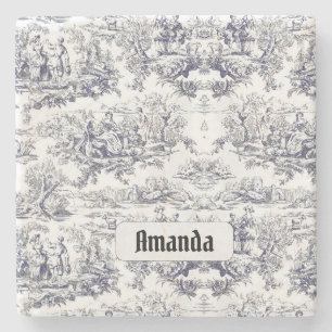 bloemenzwart toile de jouy monogram stenen onderzetter