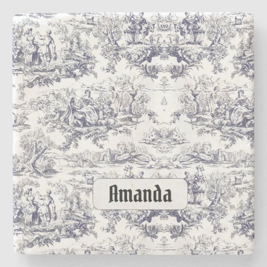 bloemenzwart toile de jouy monogram stenen onderzetter (Voorkant)