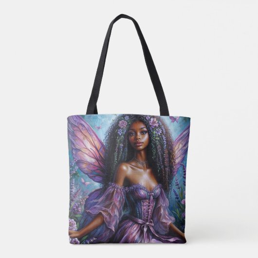 Bloemenzwarte fee met Paarse vleugels Art Tote Bag (Achterkant)