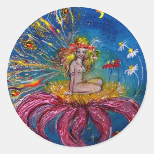 BLOEMFEE IN DE NACHT Blauwe Fantasie Ronde Sticker (Voorkant)