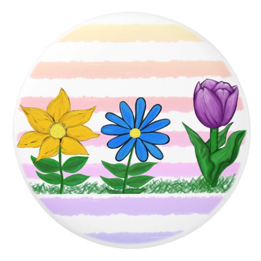 Bloemgeel Blauw Paarse Waterverf Strepen Keramische Knop (Voorkant)