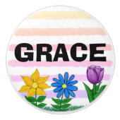 Bloemgeel Blauw Paarse Waterverf Strepen Naam Keramische Knop (Voorkant)