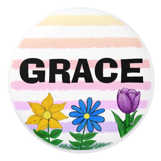 Bloemgeel Blauw Paarse Waterverf Strepen Naam Keramische Knop (Voorkant)