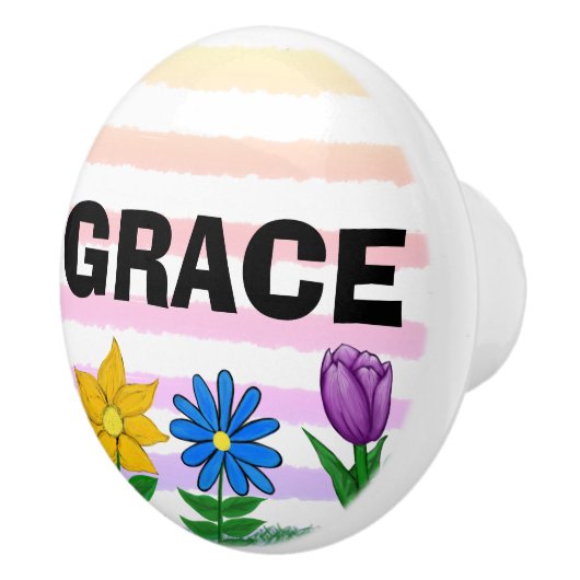 Bloemgeel Blauw Paarse Waterverf Strepen Naam Keramische Knop (Rechts)