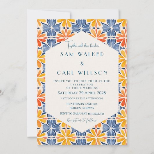 Bloemgeel Blauw Sinaasappel Tegel Bruiloft Kaart (Voorkant)