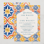 Bloemgeel Blauw Sinaasappel Tegel Bruiloft Kaart (Voorkant / Achterkant)