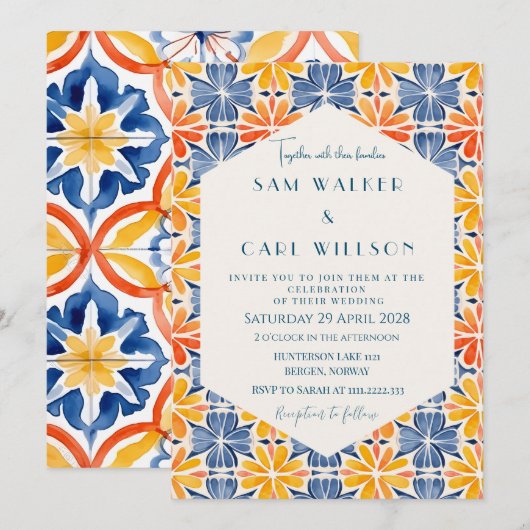 Bloemgeel Blauw Sinaasappel Tegel Bruiloft Kaart (Voorkant / Achterkant)