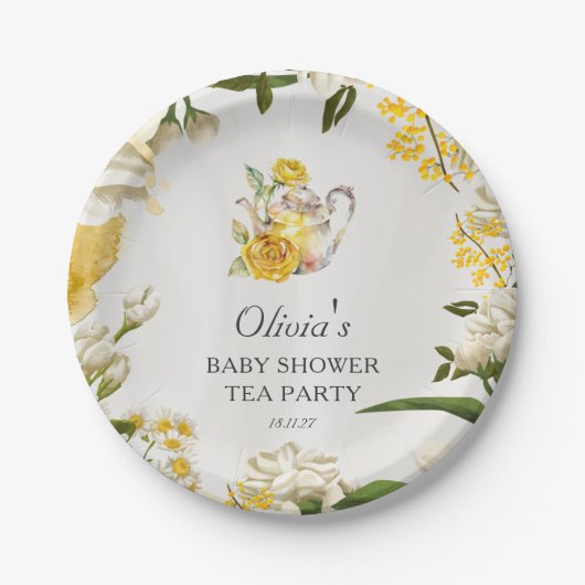 Bloemgeel Groene Thee Party Baby shower Papier Papieren Bordje (Voorkant)
