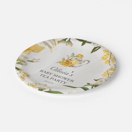 Bloemgeel Groene Thee Party Baby shower Papier Papieren Bordje (Gekanteld)