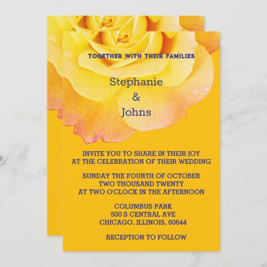 Bloemgeel Sinaasappel Roos Navy Blue Boho Wedding Kaart (Voorkant / Achterkant)