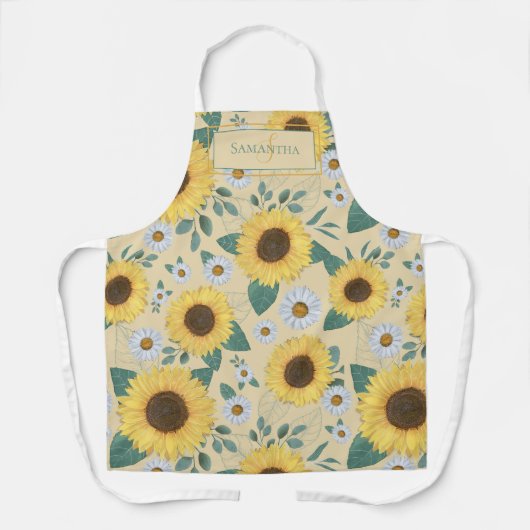 Bloemgeel Zonnebloem Monogram Naam Schort (Voorkant)