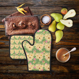 Bloemgeïnspireerde groene peren ovenwant & pannenlap set