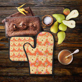 Bloemgeïnspireerde peren sinaasappel ovenwant & pannenlap set