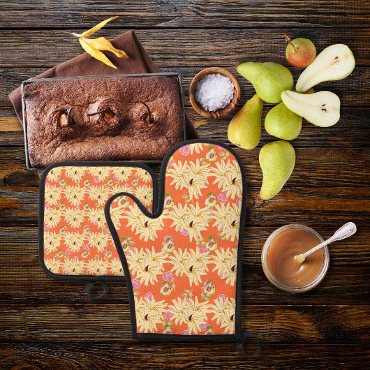 Bloemgeïnspireerde peren sinaasappel ovenwant & pannenlap set