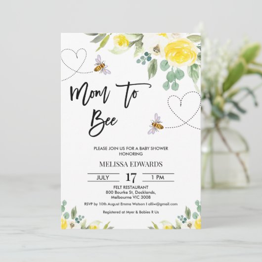 Bloemgele moeder naar Bee Baby shower Kaart (Staand voorkant)