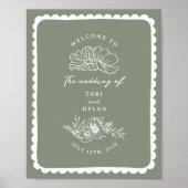Bloemgeschulpte Border Sage Green Wedding Welkom Poster (Voorkant)