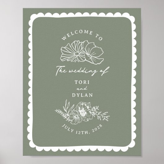 Bloemgeschulpte Border Sage Green Wedding Welkom Poster (Voorkant)