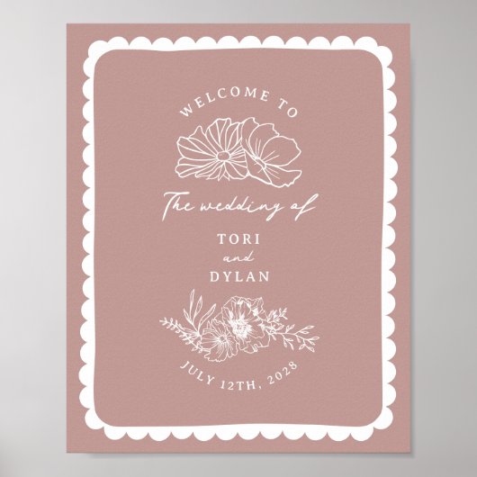 Bloemgeschulpte grens roze bruiloft welkom poster (Voorkant)