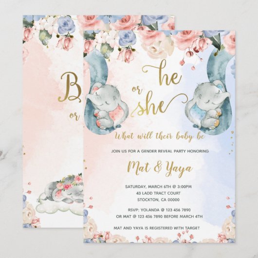 Bloemgeslacht onthullen olifant Baby shower Kaart (Voorkant / Achterkant)