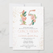 Bloemgetal 15 QR Roze Roos Goud Quinceañera Kaart (Voorkant)
