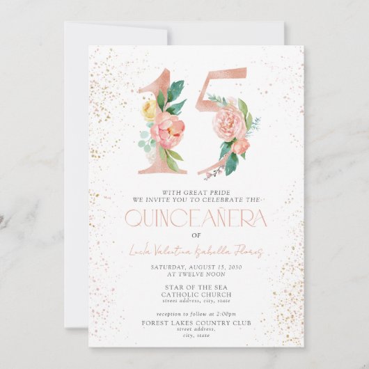 Bloemgetal 15 QR Roze Roos Goud Quinceañera Kaart (Voorkant)