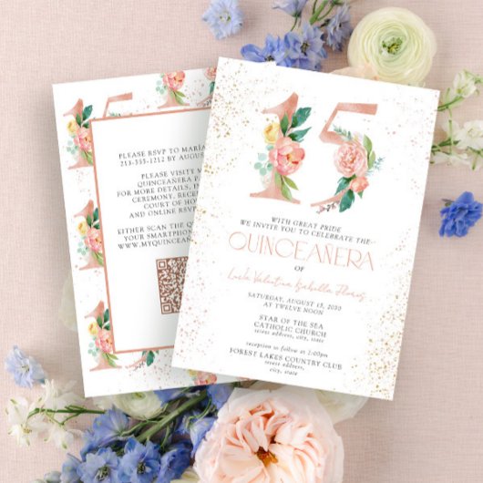Bloemgetal 15 QR Roze Roos Goud Quinceañera Kaart