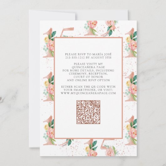 Bloemgetal 15 Roze Roos Goud QR Quinceañera Kaart (Achterkant)