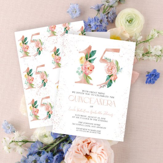 Bloemgetal 15 Roze Roos Goud Quinceañera Kaart