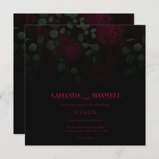 Bloemgotische zwarte Fuchsia Handfasting Uitnodigi Kaart (Voorkant / Achterkant)