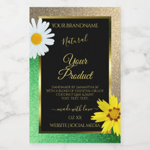 Bloemgoud en groene glitters Zwarte productlabels Voedselcontainer Etiket
