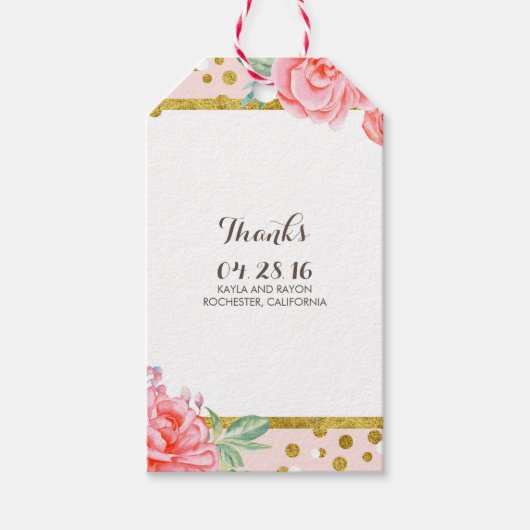 Bloemgoud en strepen waterverf roze bruiloft cadeaulabel (Voorkant)