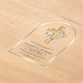 Bloemgoud Eucalyptus hout kruis boog doop Acryl Uitnodigingen (Laagn)