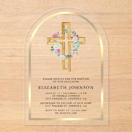 Bloemgoud Eucalyptus hout kruis boog doop Acryl Uitnodigingen (Voorkant)