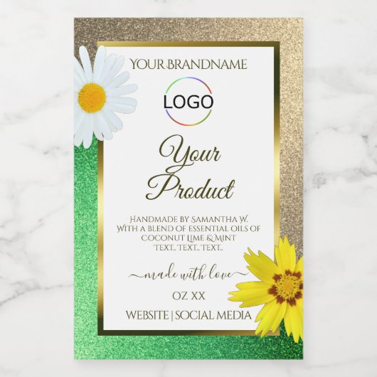 Bloemgoud groene glitters witte productlabel logo voedselcontainer etiket (Enkel label)