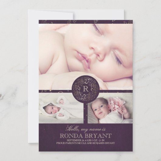 Bloemgoud Monogram  Baby Foto's Geboorte Aankondiging (Voorkant)