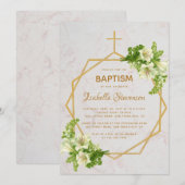 Bloemgoud Witte Lelies Marmer Geometrische doop Kaart (Voorkant / Achterkant)