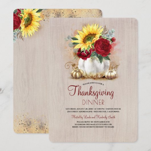 Bloemgouden pompoen rustieke Thanksgiving Diner Kaart (Voorkant / Achterkant)