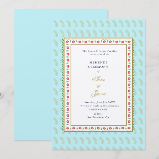 Bloemgrens Aqua & Goud Indische bruiloft Mehendi Kaart (Voorkant / Achterkant)